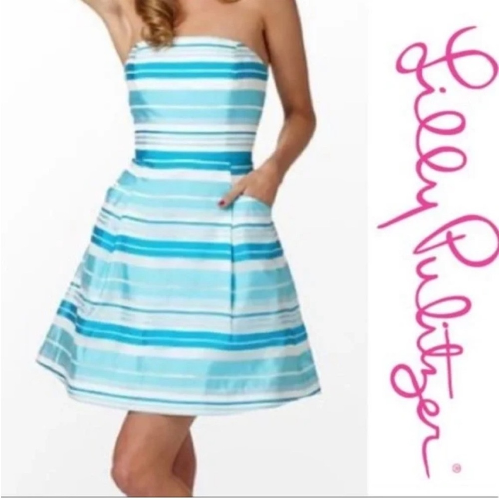 Beautiful Lilly Pulitzer Turquoise Striped Blossom Dress 100% Silk - Size 4